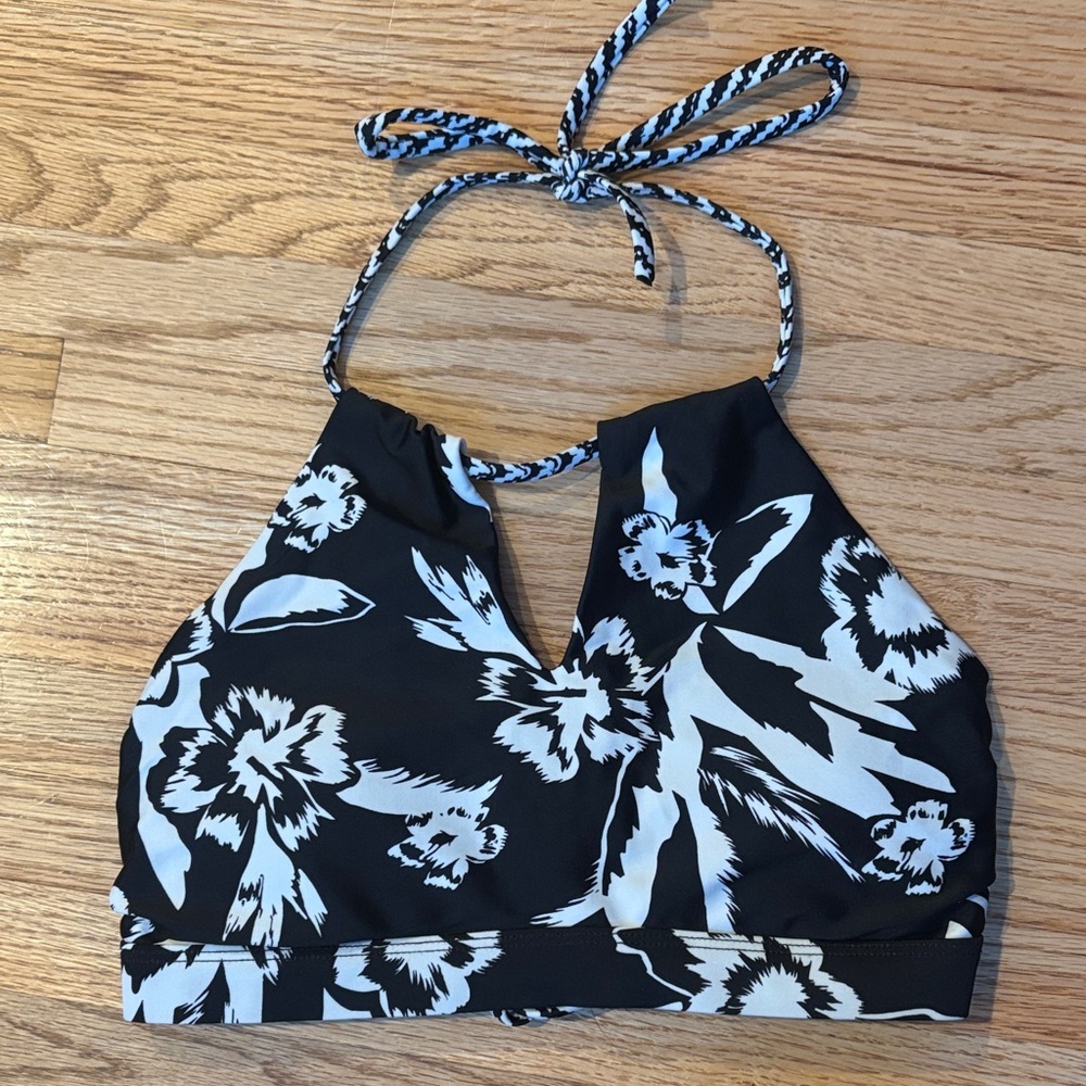 Athleta XXS Black and White Floral Halter Top Swimsuit bikini top